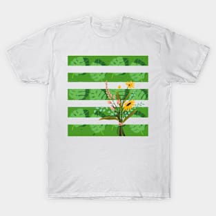 Stripe Flowers and Leaves T-Shirt